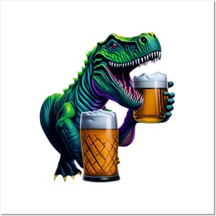 T-Rex With Beer Mugs Posters and Art
